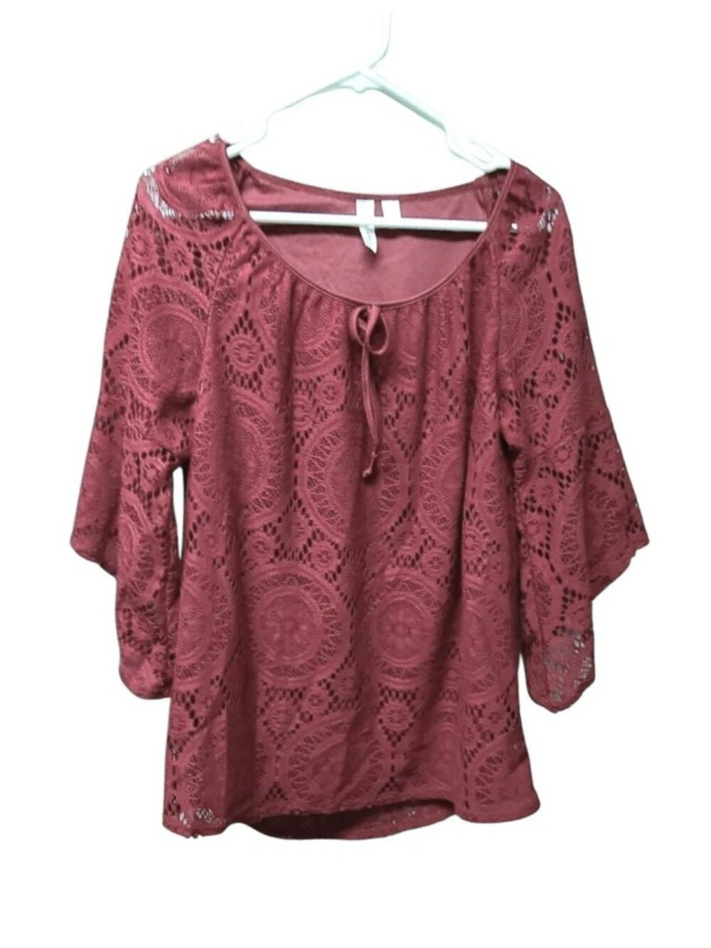 Tacera lined Crochet Lace Peasant Blouse with Tie Neck Medium